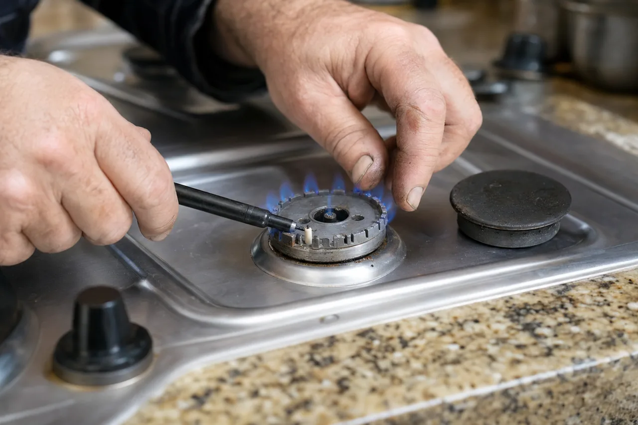 Technician adjusting a gas cooktop burner in a Wilton kitchen