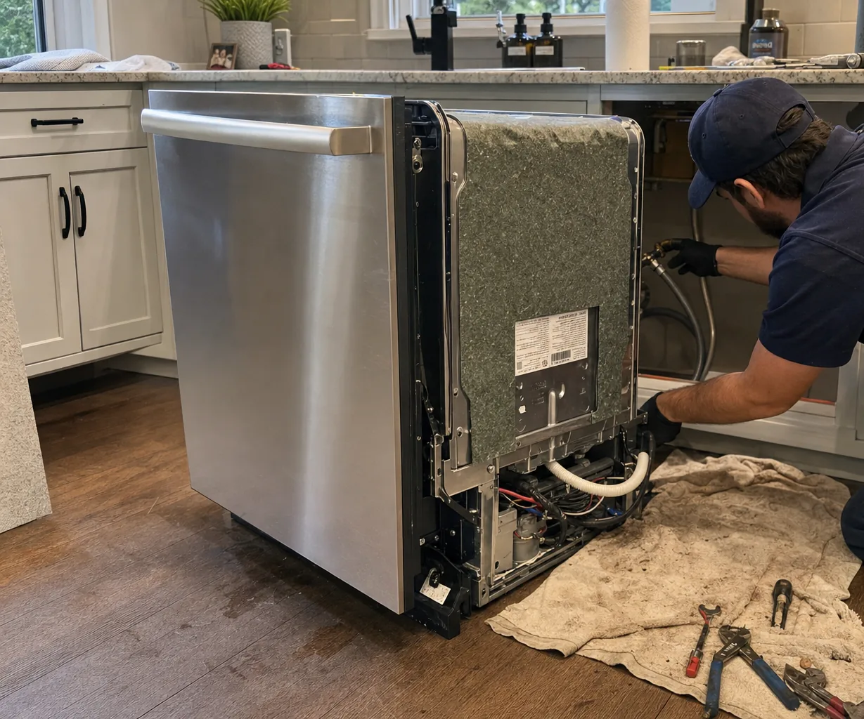 Technician servicing a built-in dishwasher up close