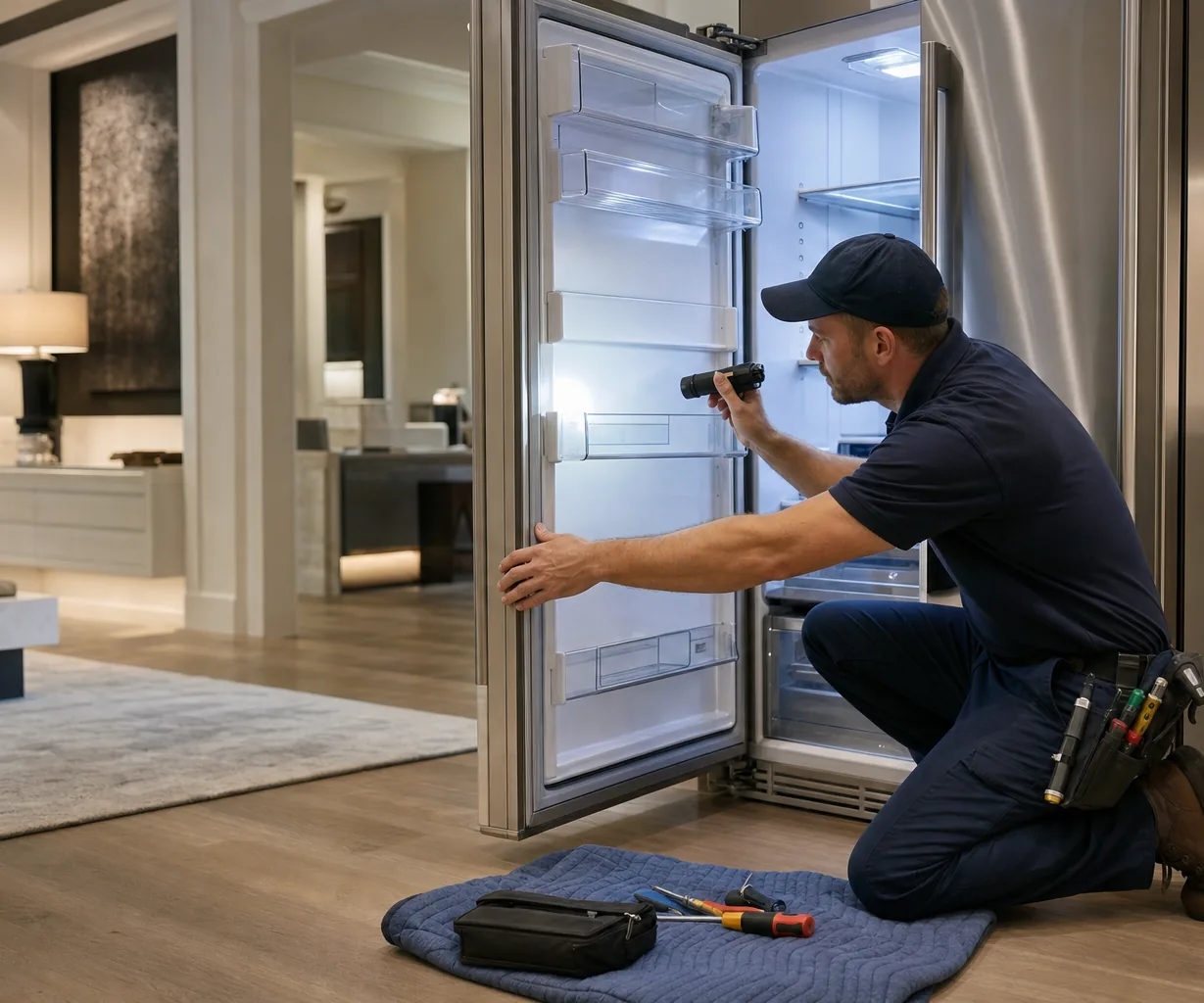 Technician repairing a built-in refrigerator mid-repair