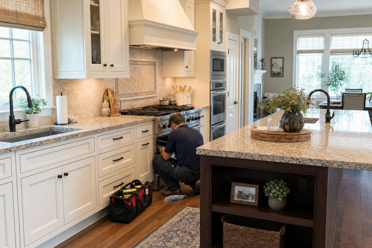 A luxury kitchen with built-in stainless appliances in a Wilton kitchen