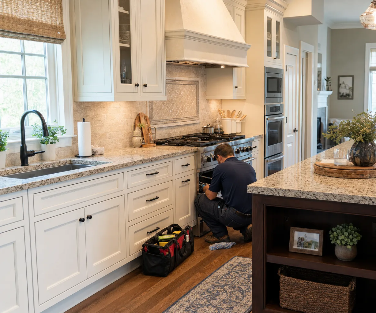 A luxury kitchen with built-in stainless appliances in a Wilton kitchen